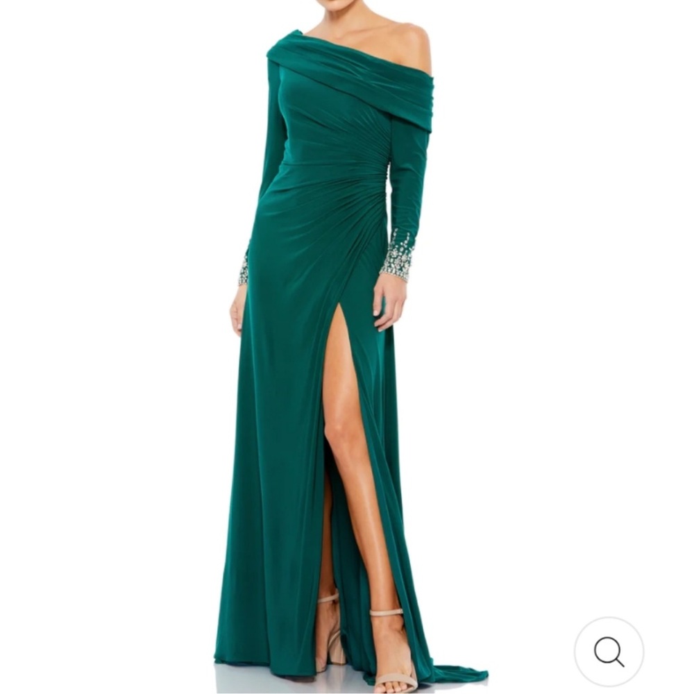 Mac Duggal Teal One Shoulder Gown with Embellished Sleeves
